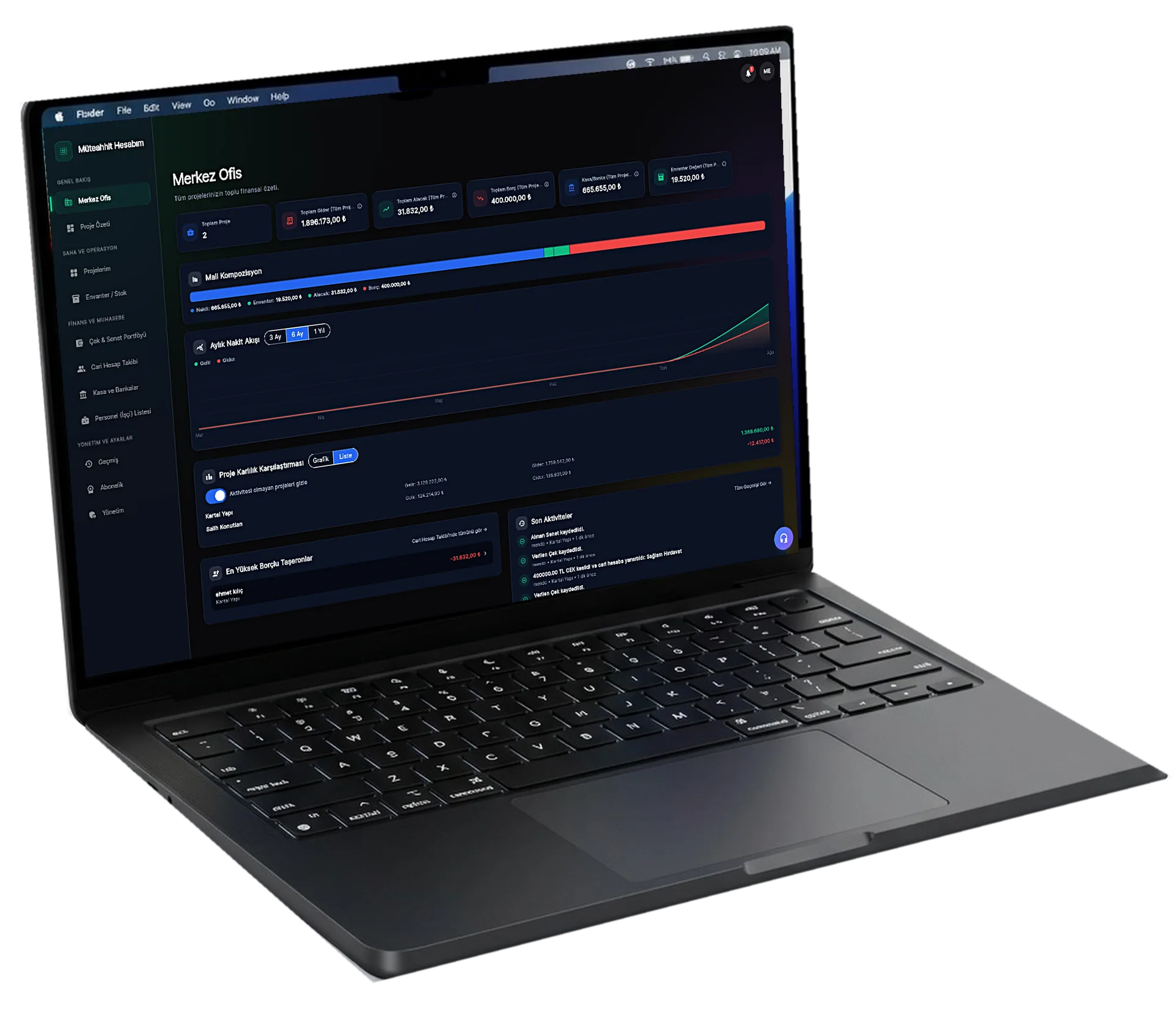 MacBook üzerinde Müteahhit Hesabı paneli